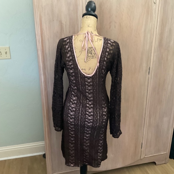 Cernei Y2K sheer long sleeve lace midi dress over lacy nude brown whimsigoth - Picture 5 of 13